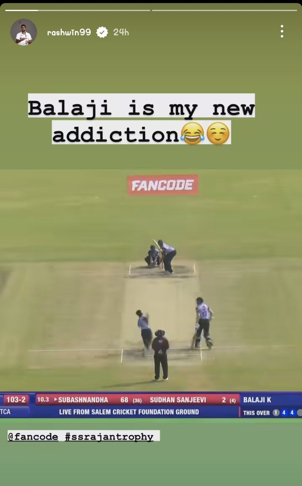 R Ashwin shares a video of Balaji K's innovative bowling action in his Instagram Story.