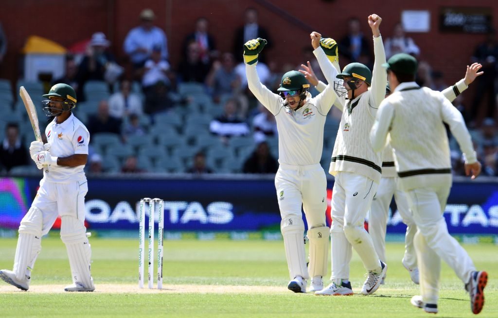 Asad Shafiq was caught down leg off Nathan Lyon