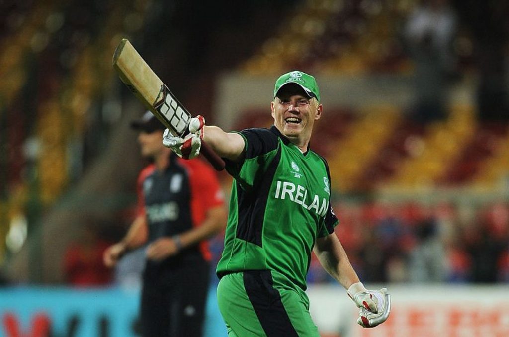 Kevin O'Brien raises his bat