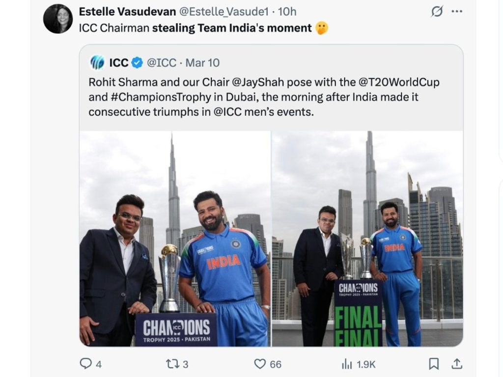 Estelle Vasudevan tweets about Jay Shah