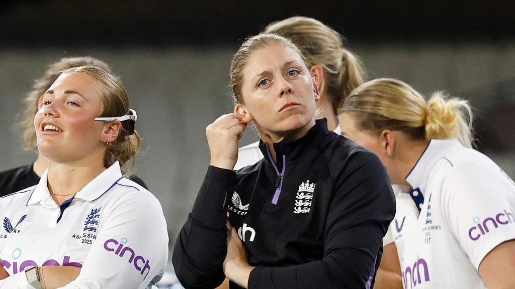 Heather Knight looks on following England's Ashes Test defeat in Melbourne