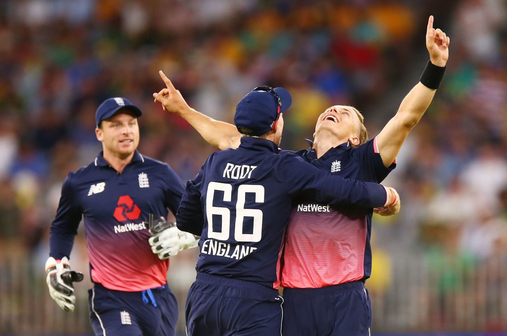 Tom Curran celebrates his match-winning wicket in Perth