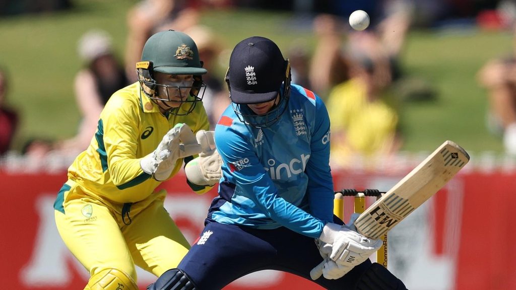 Charlie Dean plays a scoop shot during England's Ashes ODI collapse