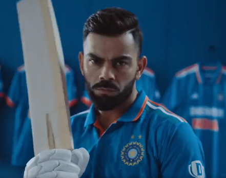 India's new World Cup jersey. Notice the tricoloured three stripes on the shoulder and the two stars on the chest.