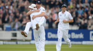 Jonny Bairstow hugs Stuart Broad during his Test debut at Lord's in 2012
