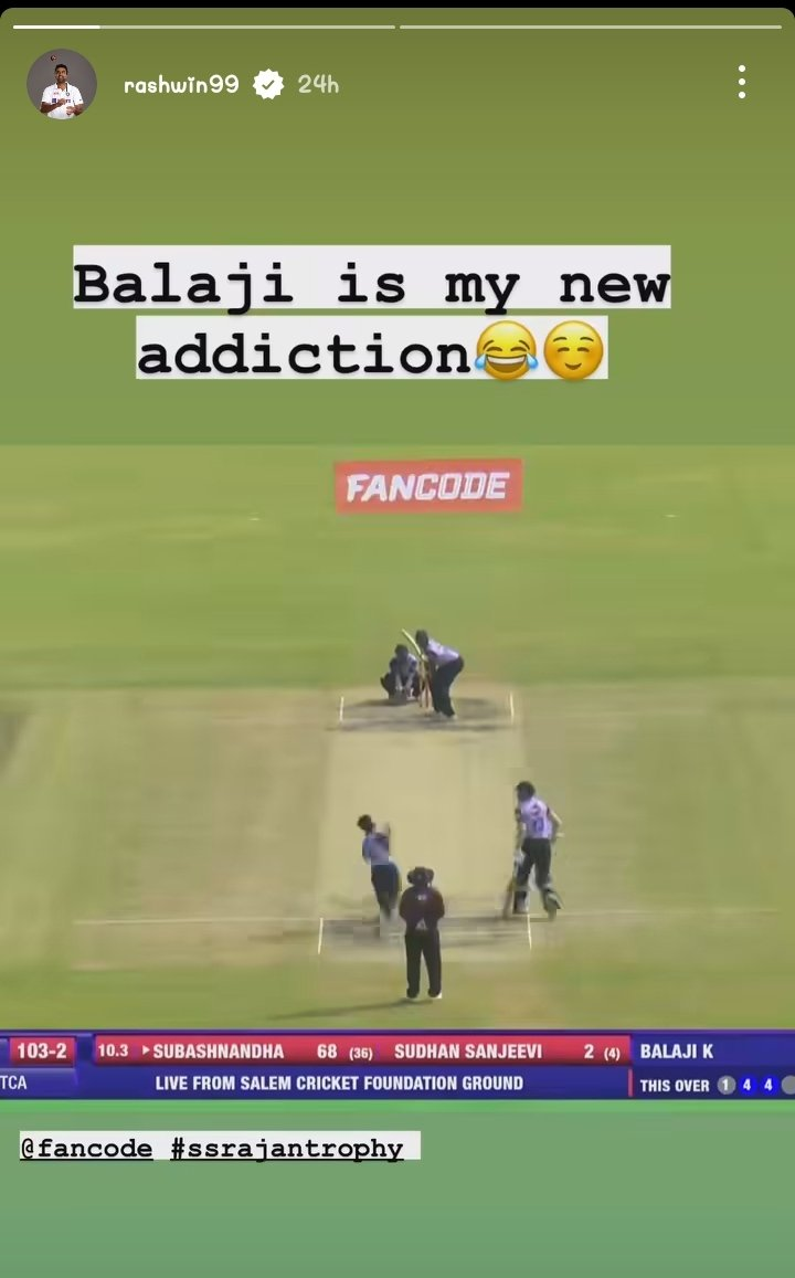 R Ashwin shares a video of Balaji K's innovative bowling action in his Instagram Story.